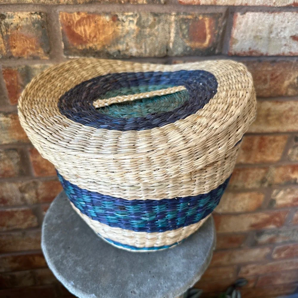 Handwoven Round Seagrass Basket with Lid Blue Green Neutral Striped Boho Storage